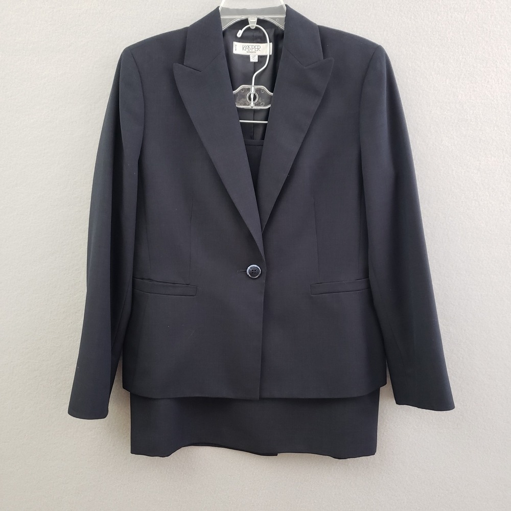 Kasper Women 12P Skirt Suit Black‎ Petite Single Button Blazer Pencil Skirt